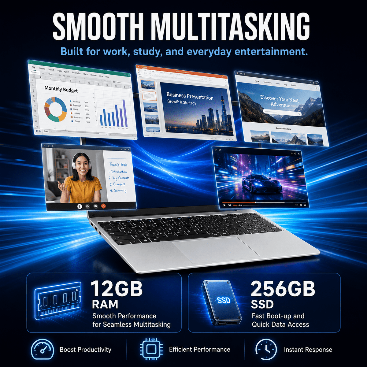 15.6" Student Laptop Computer, Intel N3700 Processor, 12GB RAM, 256GB SSD, Notebook PC for School, Business, Home Office & Beginners
