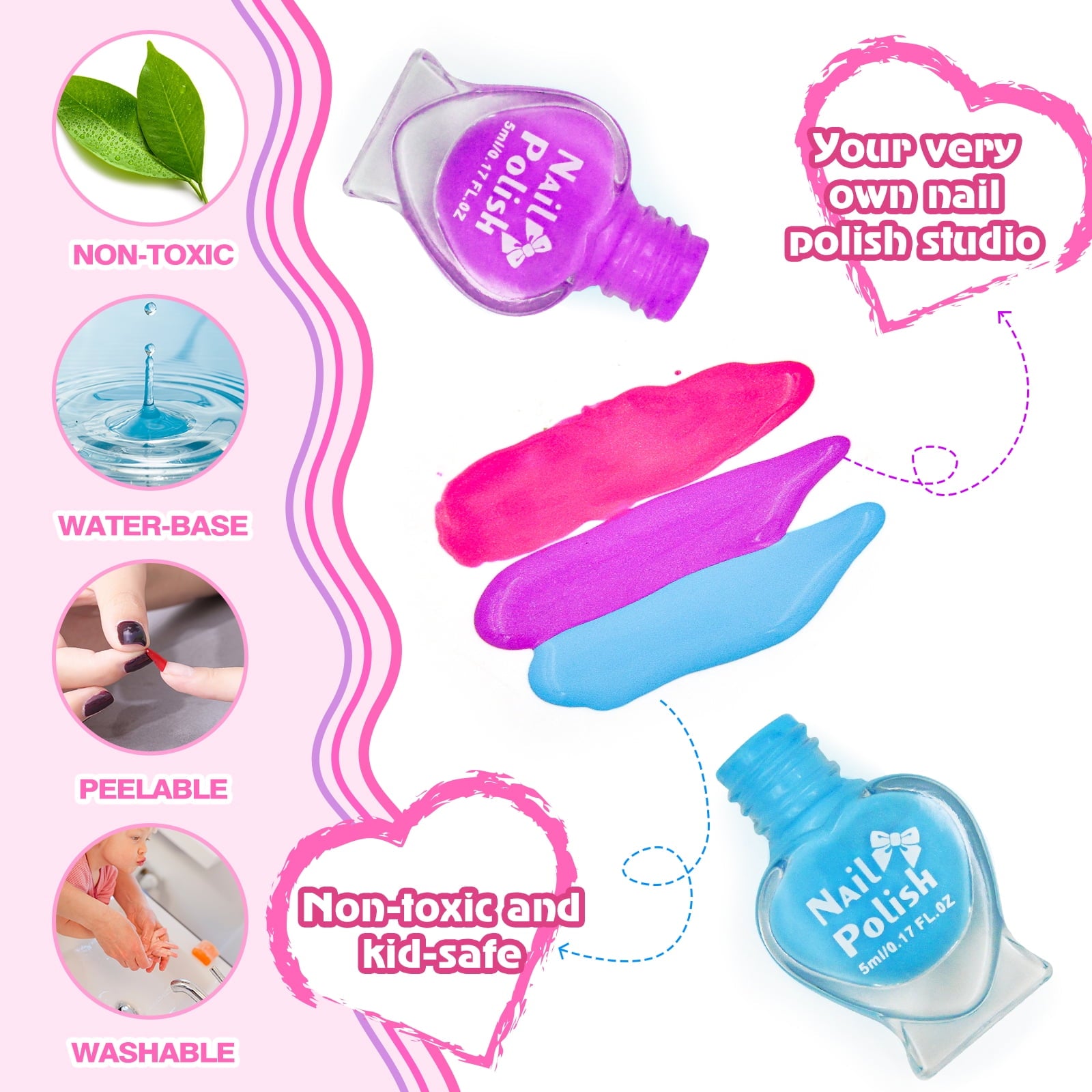 BATTOP Kids Nail Polish Kit for Girls Ages 6-12, Nail Art Set with Nail Dryer, Peel-Off Polish & Organizer