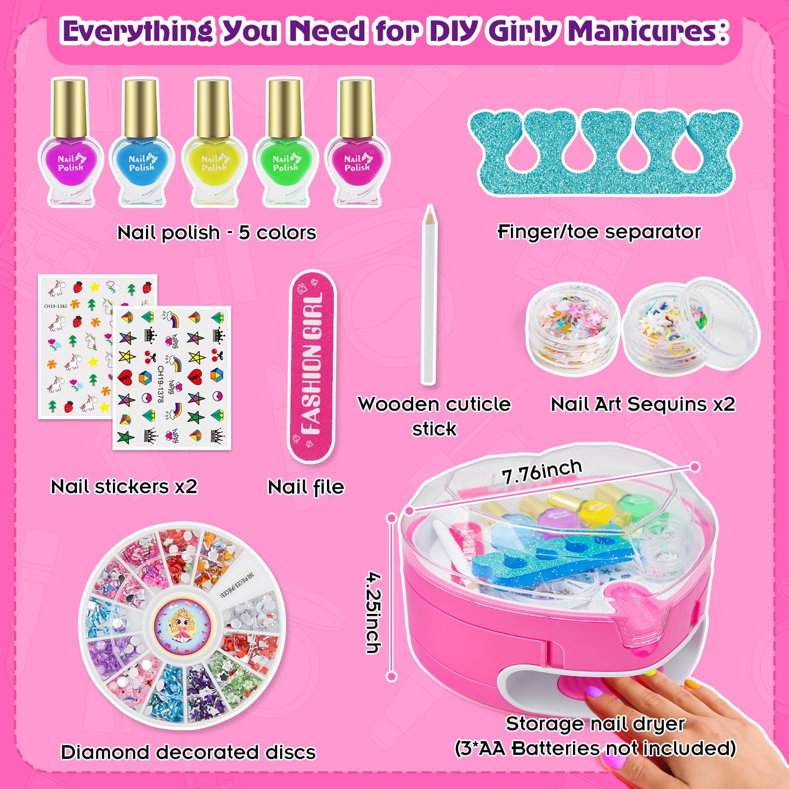 BATTOP Kids Nail Polish Kit for Girls Ages 6-12, Nail Art Set with Nail Dryer, Peel-Off Polish & Organizer