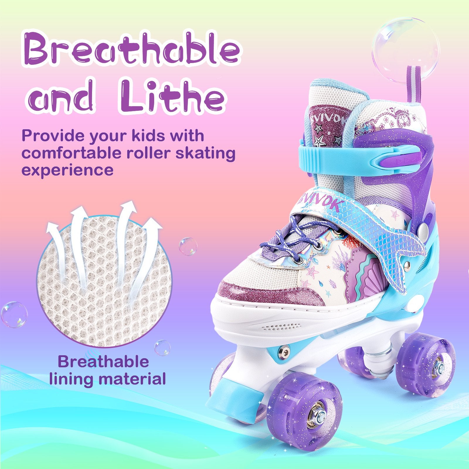 BVIVOK Adjustable Kids Roller Skates for Girls with Light up Wheels, Purple, Size 1-4